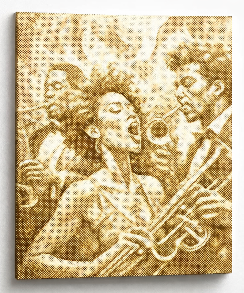 Dot Painting Wandbild Jazz Sänger mit goldenen Acrylpunkten, elegantes modernes Wandbild im Jazz Retro Stil