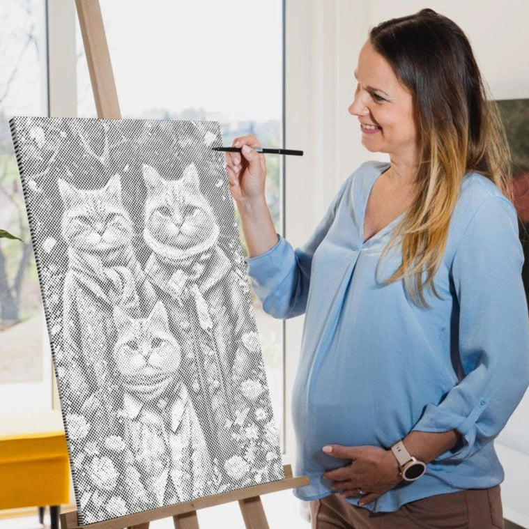 Katzenfamilie | Peinture par Points Artisanale Kit Complet en œuvre de peinture par points terminée
