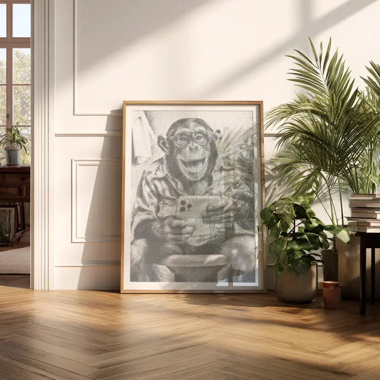 Singe rieur avec selfie • Peinture par points en œuvre de peinture par points terminée