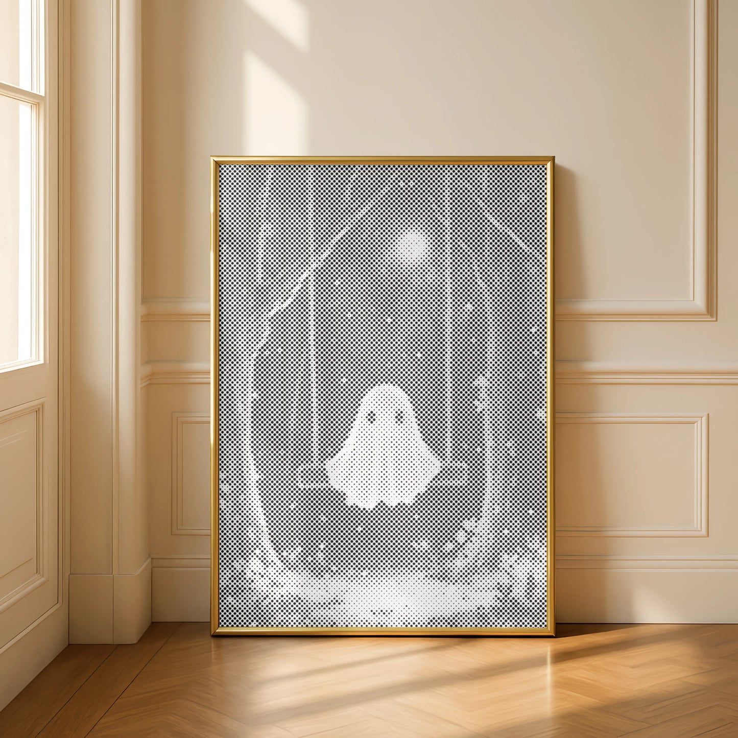 Petit fantôme sur une balançoire • Peinture par points