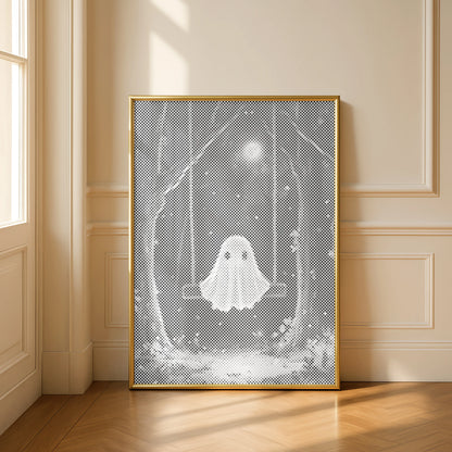 Petit fantôme sur une balançoire • Peinture par points