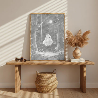 Petit fantôme sur une balançoire • Peinture par points