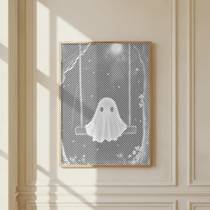Petit fantôme sur une balançoire • Peinture par points