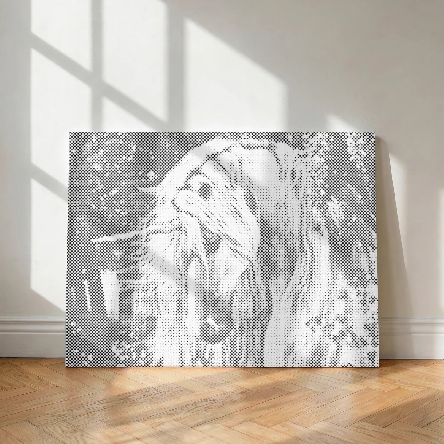 Abstract black and white artwork on a wall with sunlight casting shadows. Magical Unicorn | Dot Painting Kit