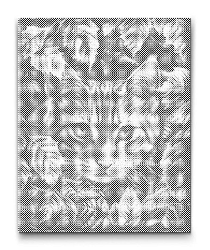 Katze Wandbild schwarz weiss in Punktmalerei mit Blättern