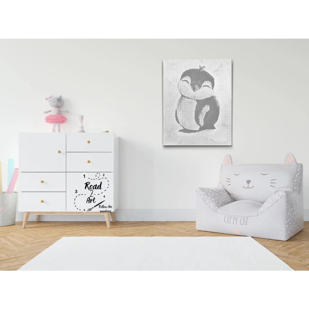 Pinguin Wandbild für Kinderzimmer in minimalistischer Punkttechnik
