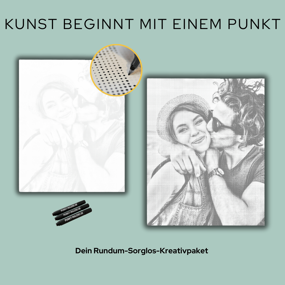 Hand setzt Punkte auf Leinwand; Dot-Marker, ruhige Wohnzimmer-Szene, punktmalerei Dot Painting