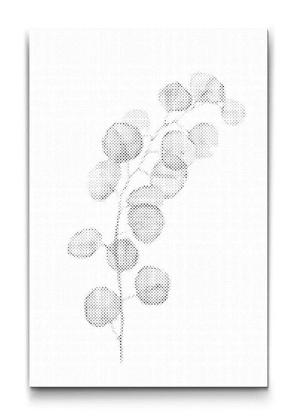 minimalistisches dot painting mit eukalyptus zweig in schwarz weiss als moderne wandkunst
