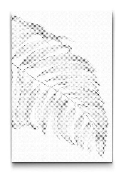 minimalistisches dot painting mit palmenblatt in schwarz weiss als moderne wandkunst