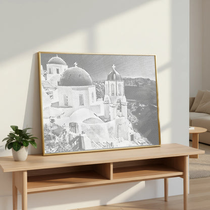 Dômes de Santorin au bord de la mer • Peinture par points