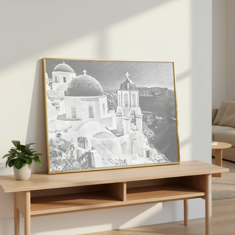 Dômes de Santorin au bord de la mer • Peinture par points
