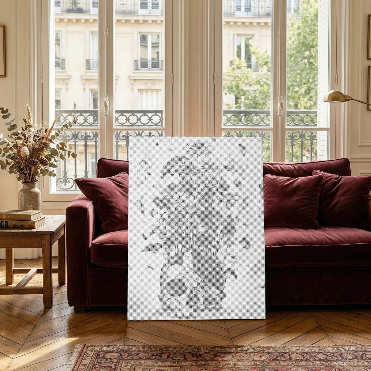 Vase crâne avec fleurs • Peinture par points en œuvre de peinture par points terminée