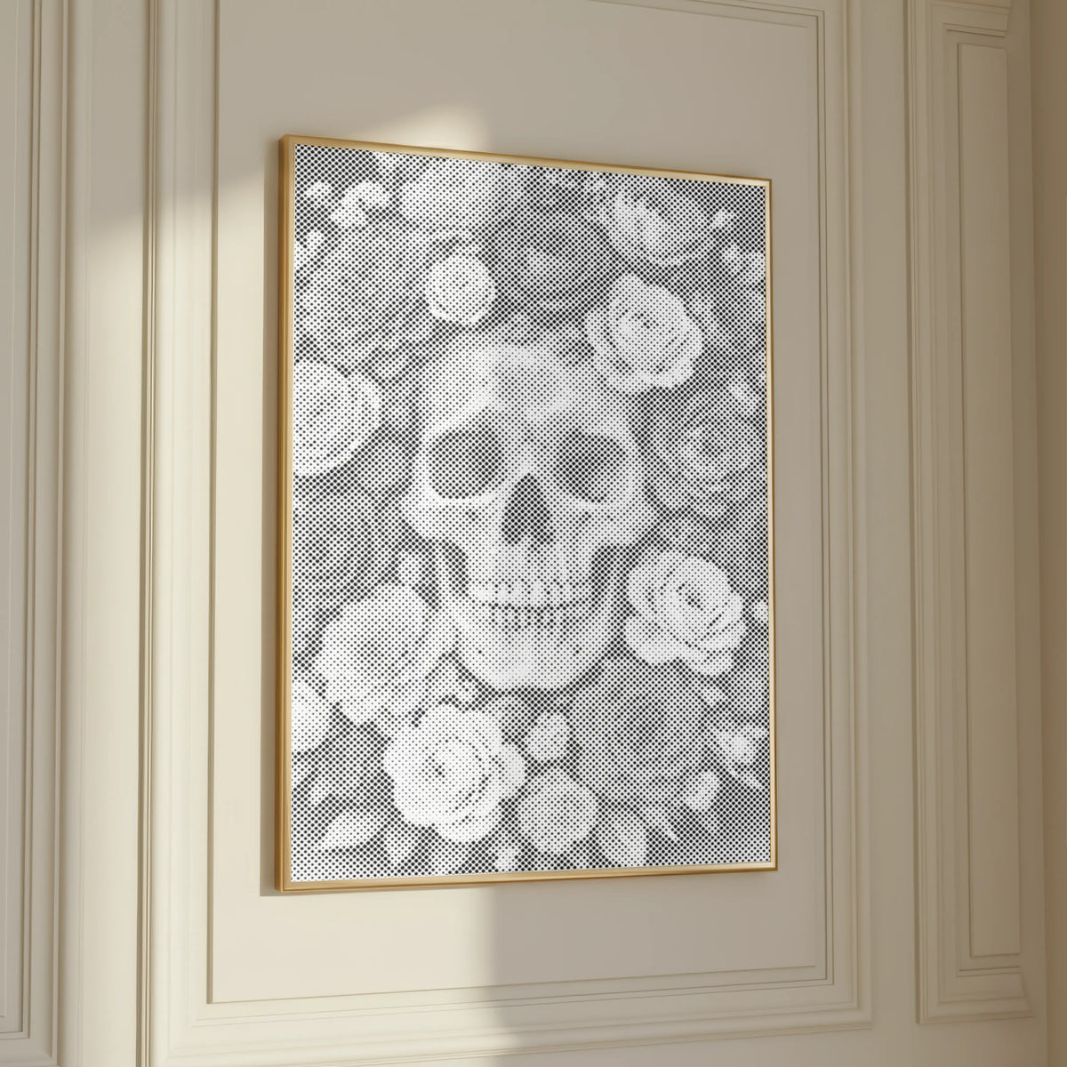 Crâne dans une mer de roses • Peinture par points – peinture par points – vue détaillée