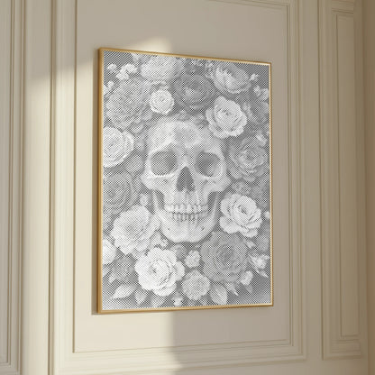 Crâne dans une mer de roses • Peinture par points – peinture par points – vue détaillée