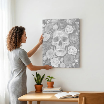 Crâne dans une mer de roses • Peinture par points – peinture par points – vue détaillée
