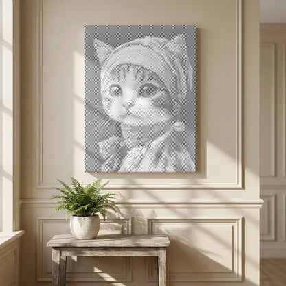 A vertical canvas wall art print featuring a black and white portrait of a kitten wearing a headscarf and pearl earring, displayed on a beige paneled wall above a small wooden table with a potted fern.