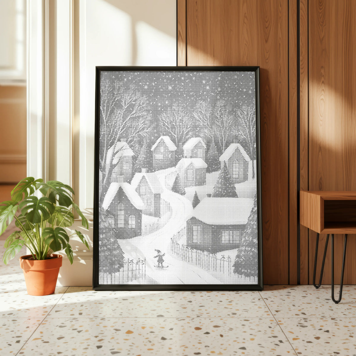 Village d’hiver avec skieur • Peinture par points en œuvre de peinture par points terminée