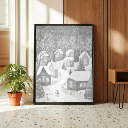 Village d’hiver avec skieur • Peinture par points