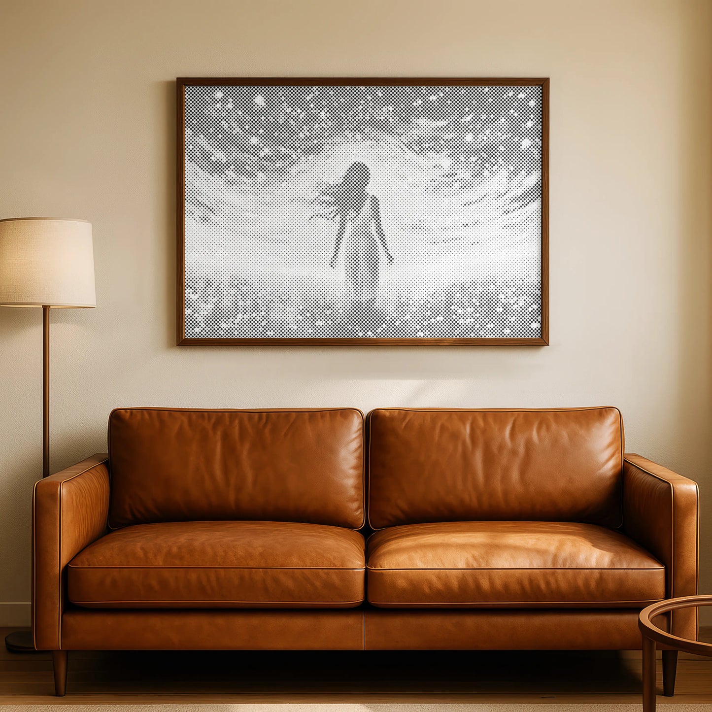 Femme dans un champ de lumière nocturne • Peinture par points