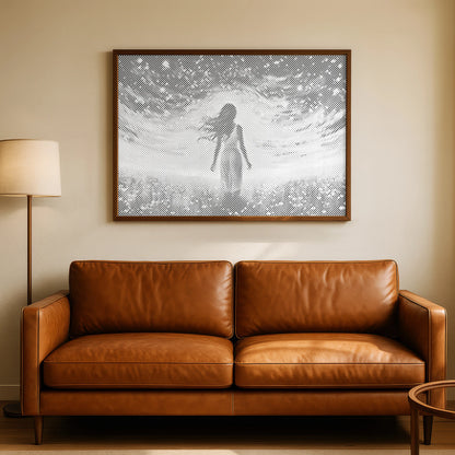 Femme dans un champ de lumière nocturne • Peinture par points