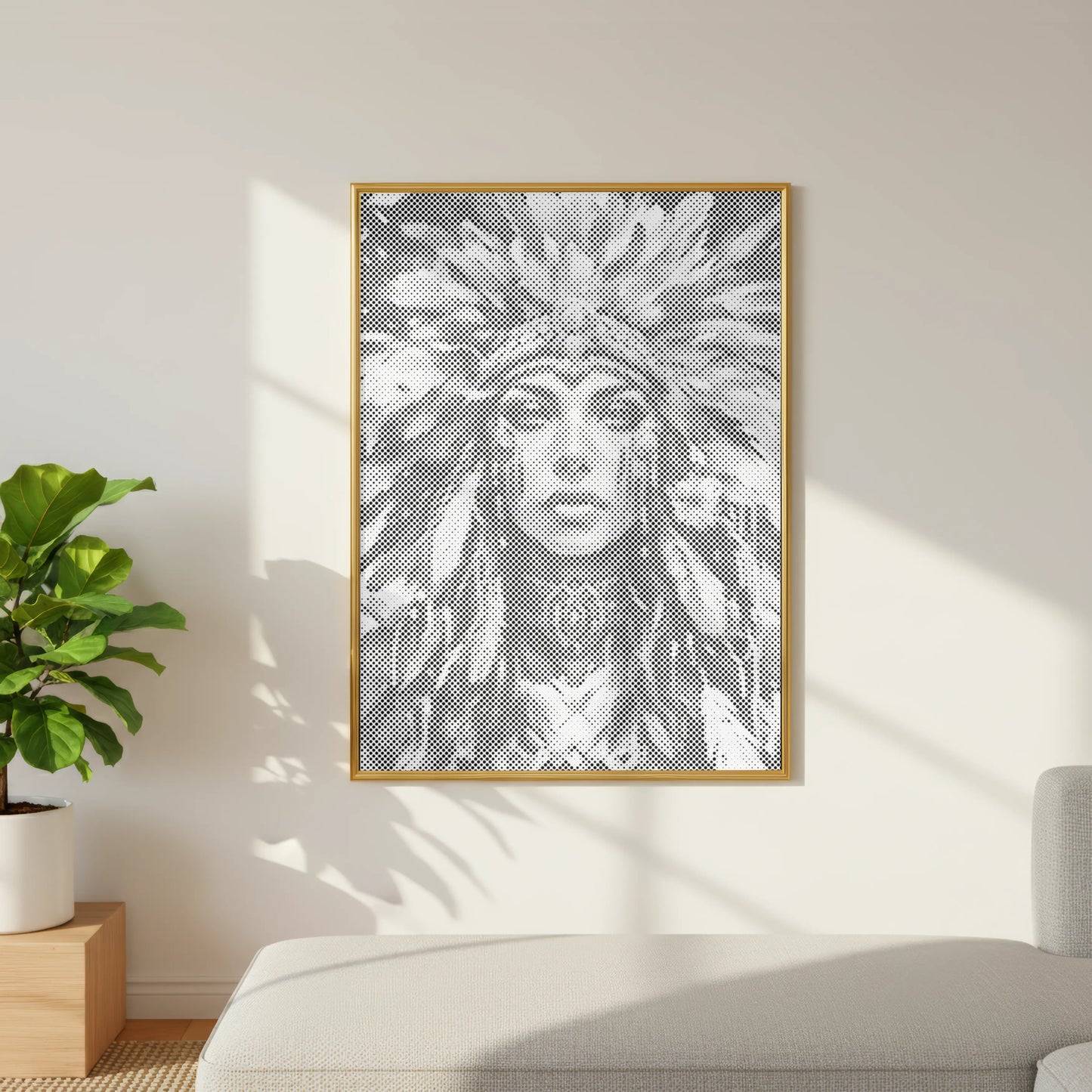 Femme à la couronne de plumes • Peinture par points