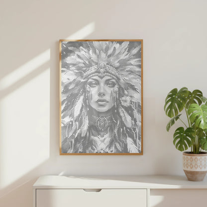 Femme à la couronne de plumes • Peinture par points