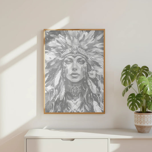 Femme à la couronne de plumes • Peinture par points