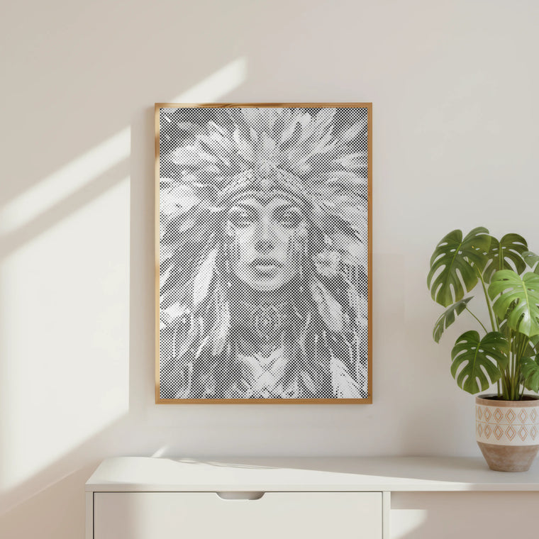 Femme à la couronne de plumes • Peinture par points