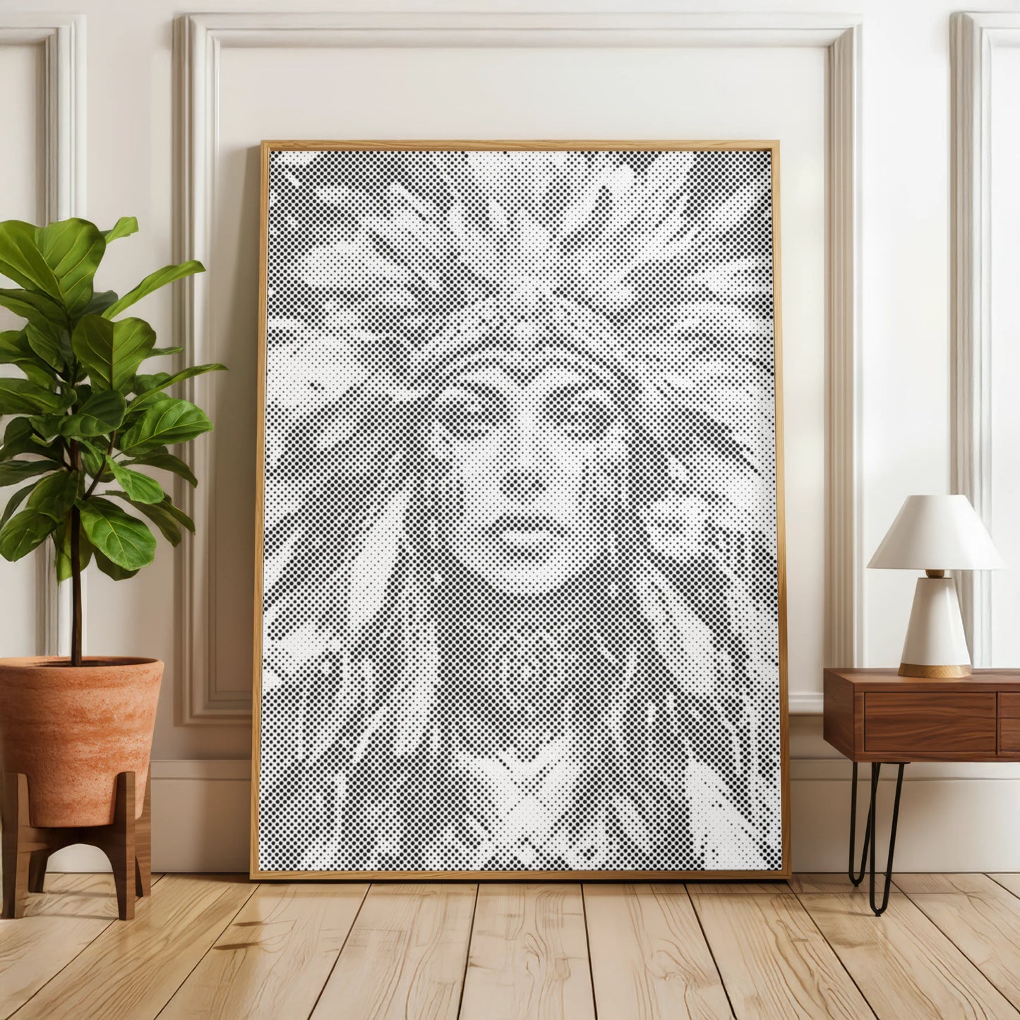 Femme à la couronne de plumes • Peinture par points