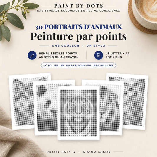Couverture du livre Portraits d'animaux de peinture par points avec 30 motifs d'animaux à imprimer