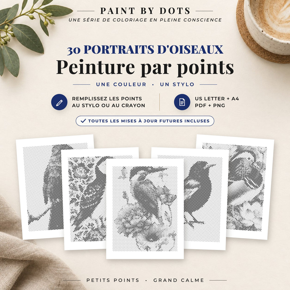 Couverture du livre Portraits d'oiseaux de peinture par points avec 30 motifs d'oiseaux à imprimer