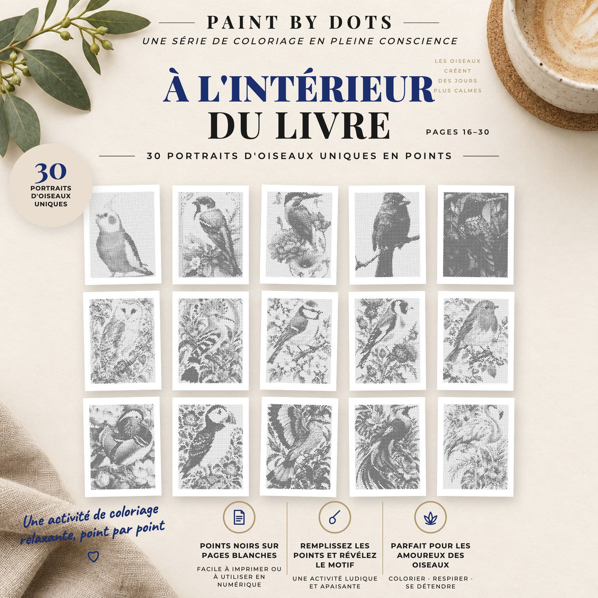 Aperçu des motifs Portraits d'oiseaux de peinture par points à imprimer, pages 16 à 30