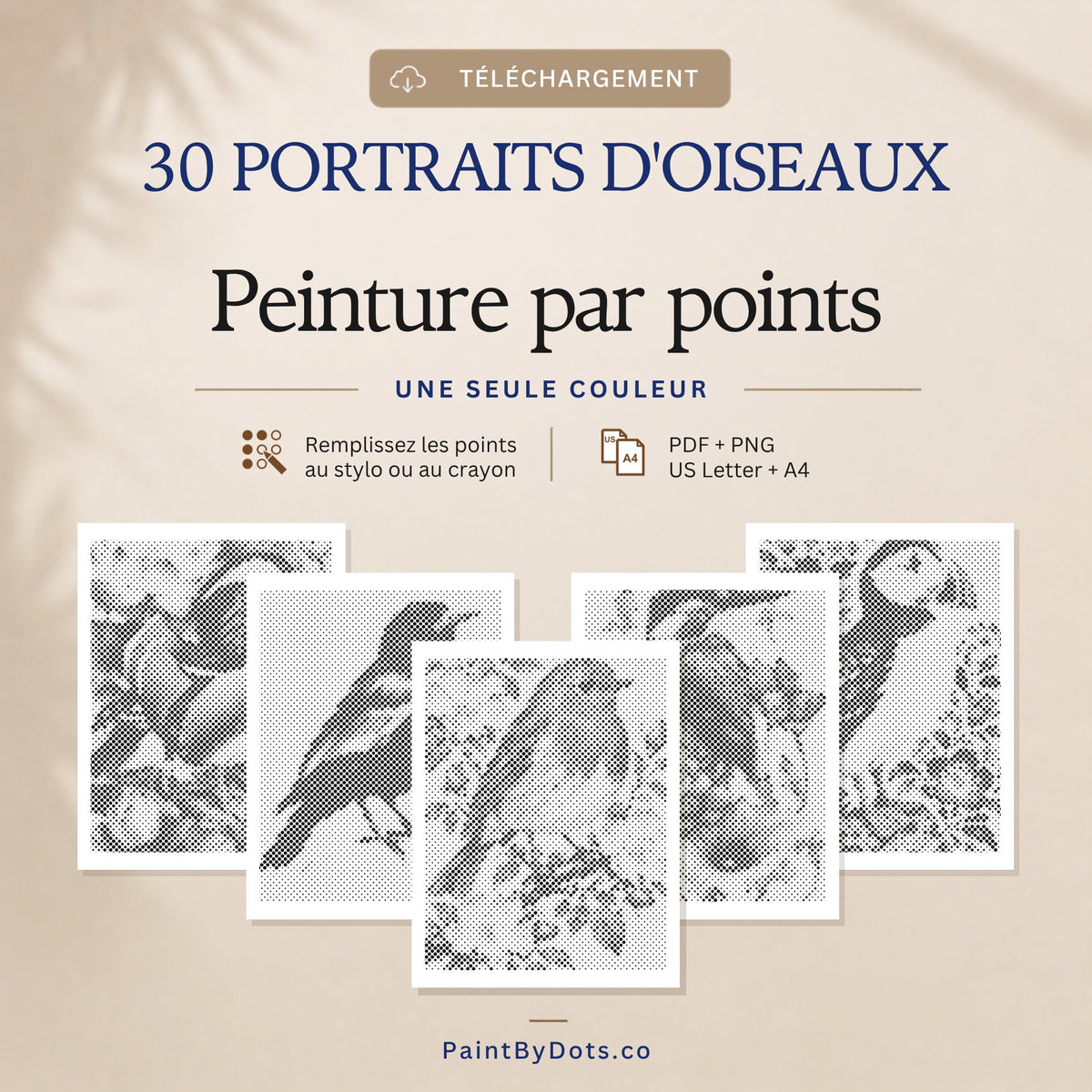 Portraits d'oiseaux en téléchargement numérique avec 30 pages de peinture par points à imprimer (dot painting)