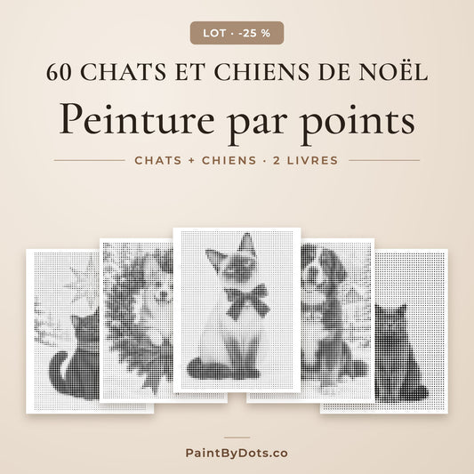Lot Chats et chiens de Noël de peinture par points avec 60 pages à imprimer de 2 livres
