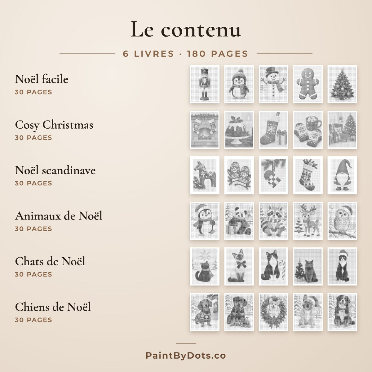 Le contenu du lot Collection Noël complète de peinture par points : Noël facile, Cosy Christmas, Noël scandinave, Animaux de Noël, Chats de Noël et Chiens de Noël