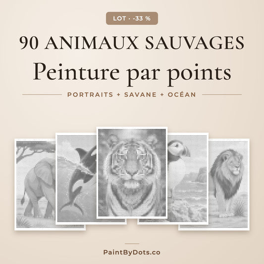 Lot Animaux sauvages de peinture par points avec 90 pages à imprimer de 3 livres