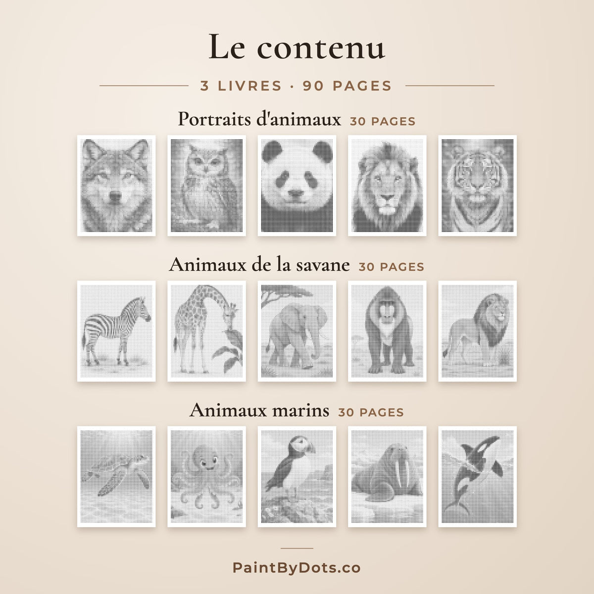 Le contenu du lot Animaux sauvages de peinture par points : Portraits d'animaux, Animaux de la savane et Animaux marins