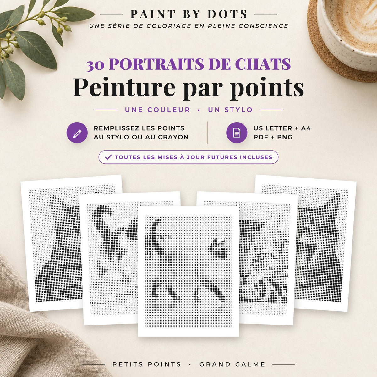 Couverture du livre Portraits de chats de peinture par points avec 30 motifs de chats à imprimer