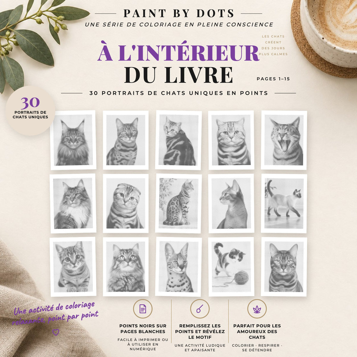 Aperçu des motifs Portraits de chats de peinture par points à imprimer, pages 1 à 15