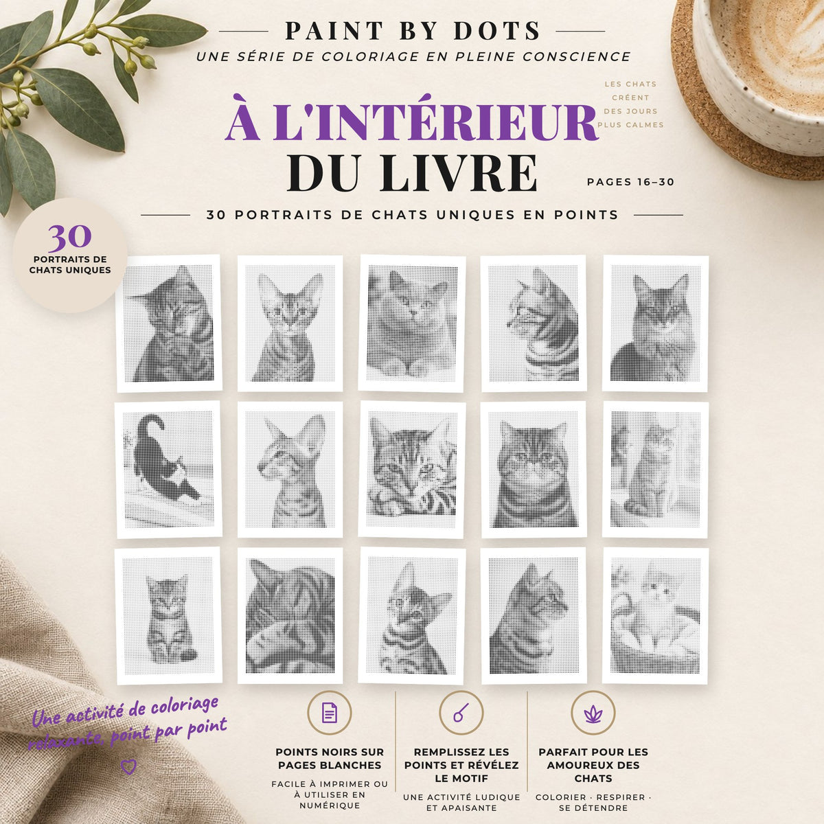 Aperçu des motifs Portraits de chats de peinture par points à imprimer, pages 16 à 30