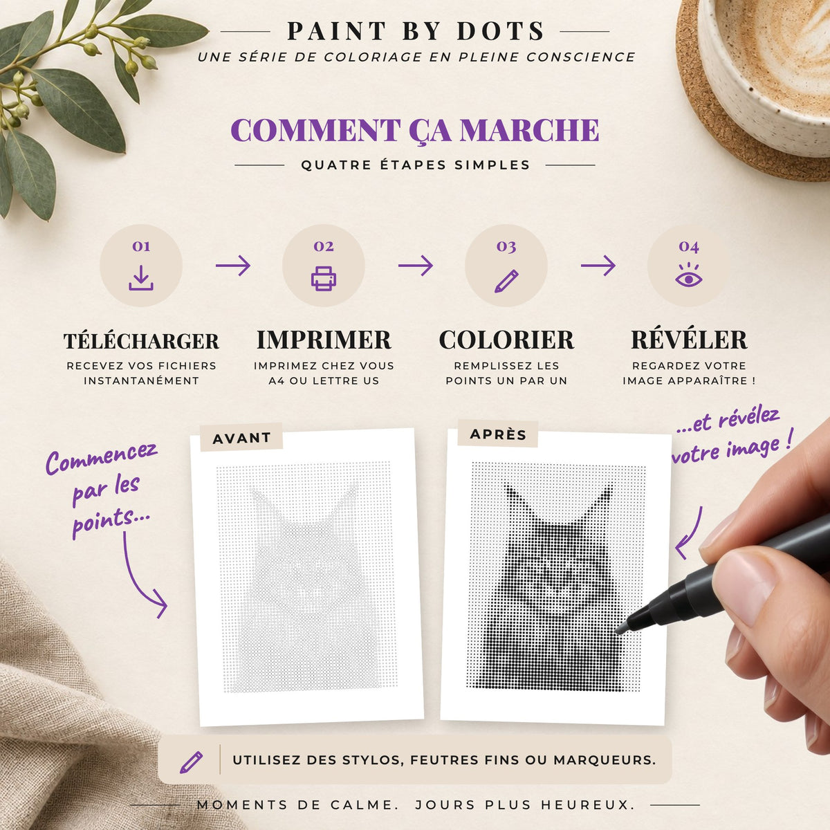 Comment télécharger, imprimer et remplir les cercles du livre Portraits de chats