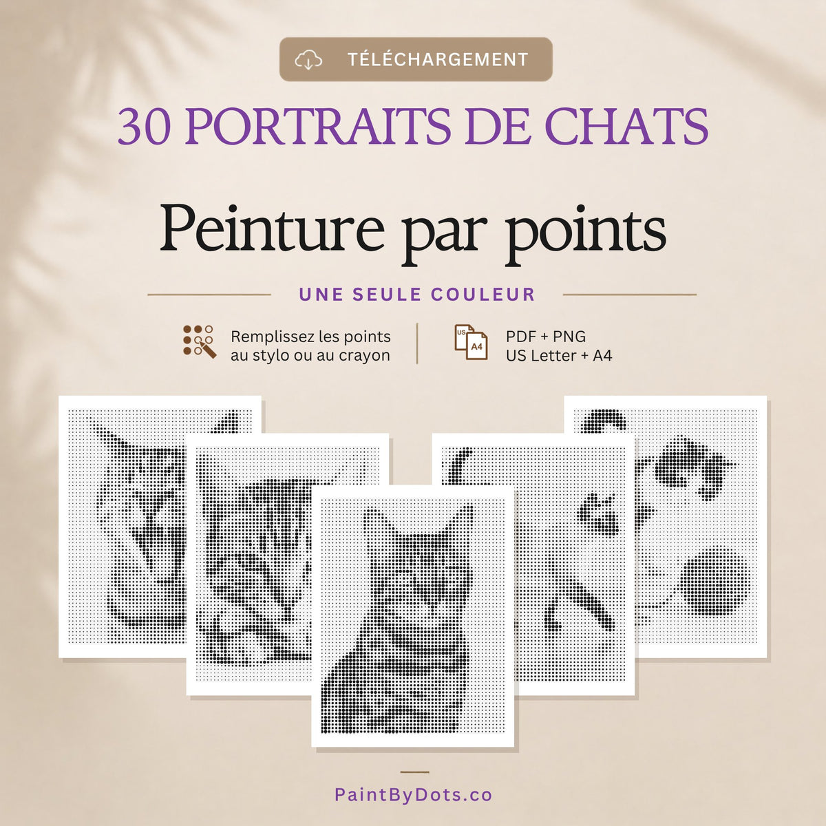 Portraits de chats en téléchargement numérique avec 30 pages de peinture par points à imprimer (dot painting)