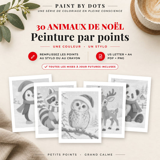 Couverture du livre Animaux de Noël de peinture par points avec 30 motifs d'animaux de Noël à imprimer