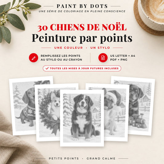 Couverture du livre Chiens de Noël de peinture par points avec 30 motifs de chiens de Noël à imprimer