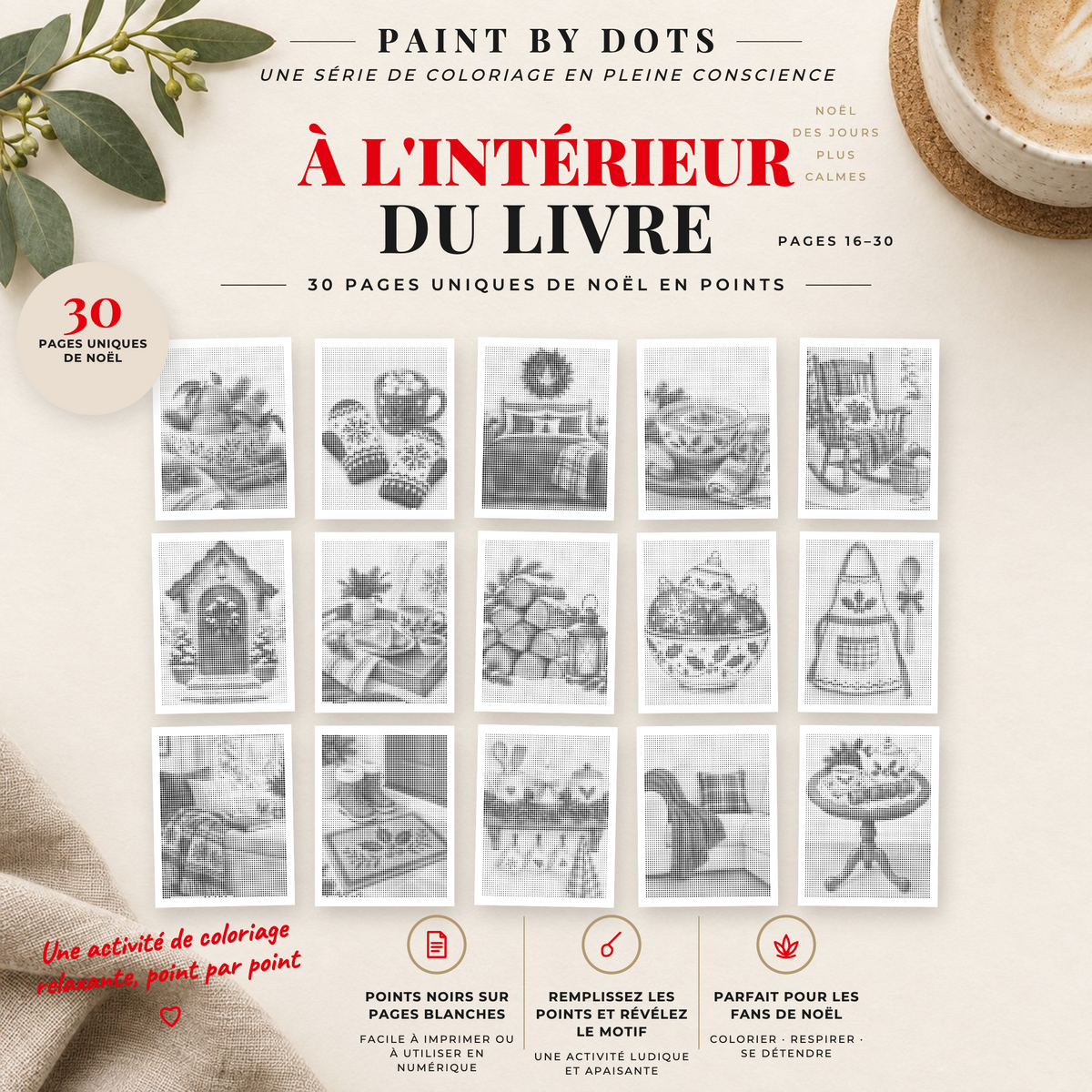 Aperçu des motifs Cosy Christmas de peinture par points à imprimer, pages 16 à 30