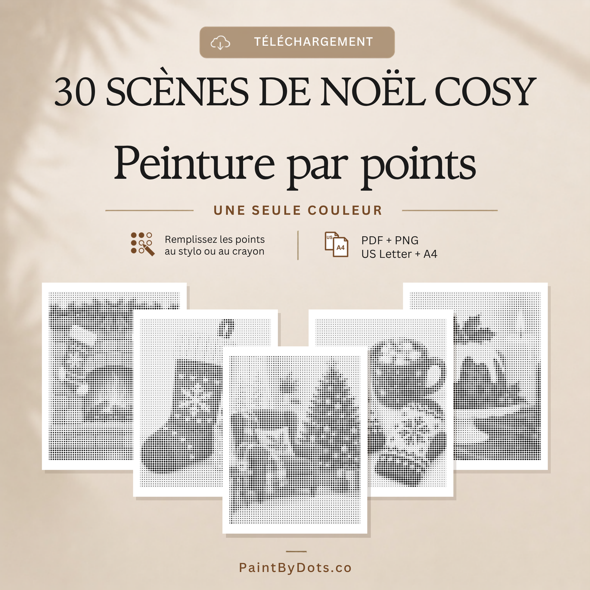 Cosy Christmas en téléchargement numérique avec 30 pages de peinture par points à imprimer