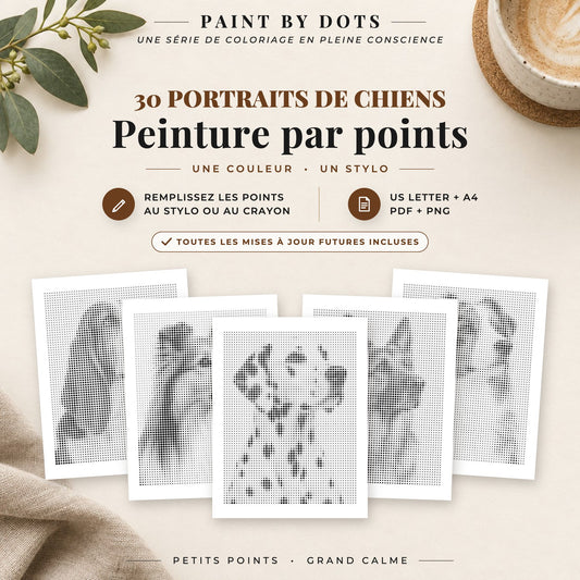 Couverture du livre Portraits de chiens de peinture par points avec 30 motifs de chiens à imprimer