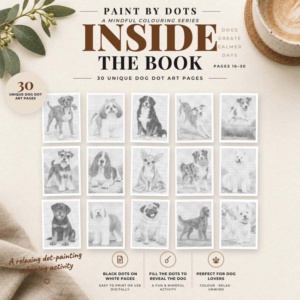 Preview of dog designs 16–30 in the printable dot colouring book, with fifteen black-and-white dog portraits.