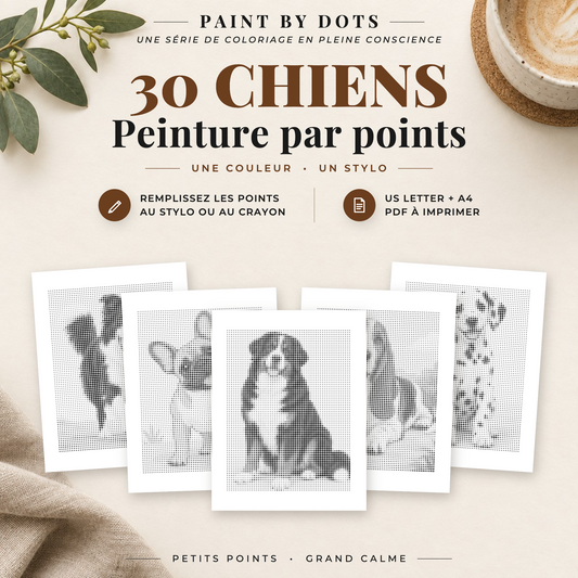 Couverture du livre de coloriage par points avec cinq portraits de chiens et 30 pages à imprimer, en PDF aux formats A4 et US Letter.