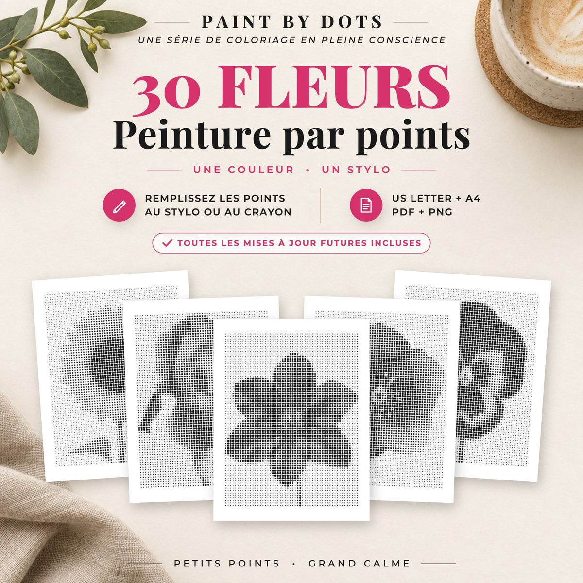 Couverture du livre Fleurs de peinture par points avec 30 motifs de fleurs à imprimer